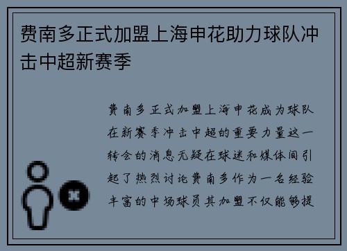 费南多正式加盟上海申花助力球队冲击中超新赛季